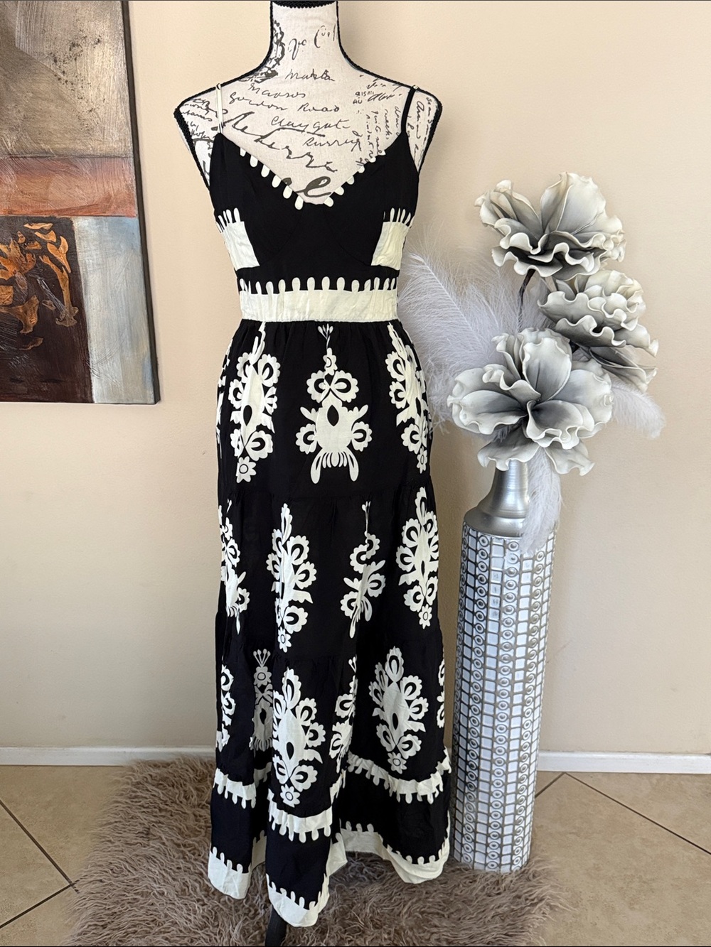 SHEIN Black and White Embroidered Maxi Dress